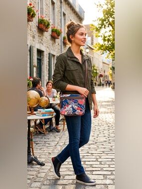 Fossil Jenna small crossbody/messenger bag.  Blue, brown & pink. Canvas/leather